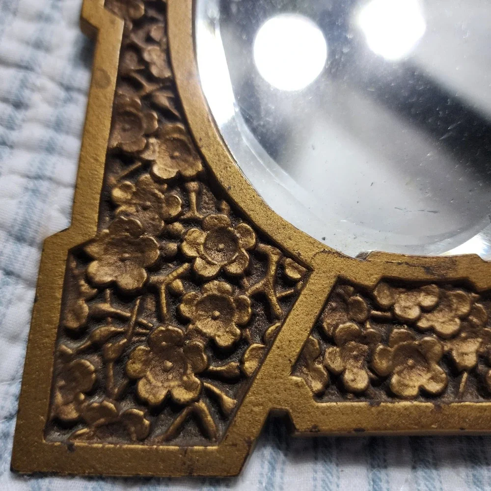 Vintage Gold Cast Metal Floral Tabletop Mirror Ornate Beveled Oval Easel 9432